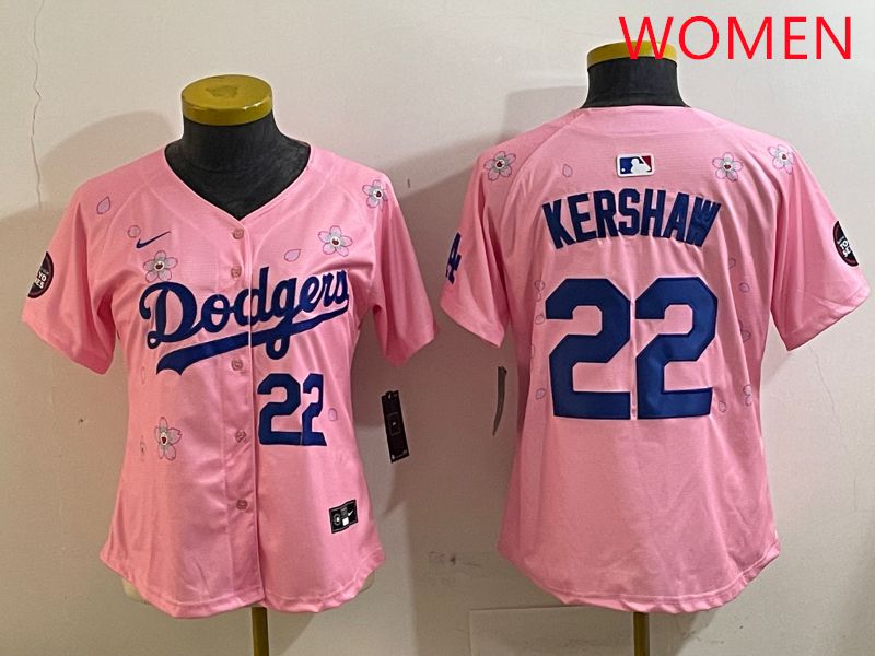 Women Los Angeles Dodgers 22 Kershaw Pink White Blue Sakura Edition 2025 Nike MLB Jersey style 5